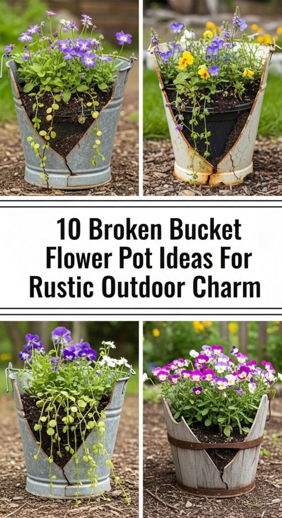 Broken Bucket Flower Pot Ideas For Rustic Outdoor Charm