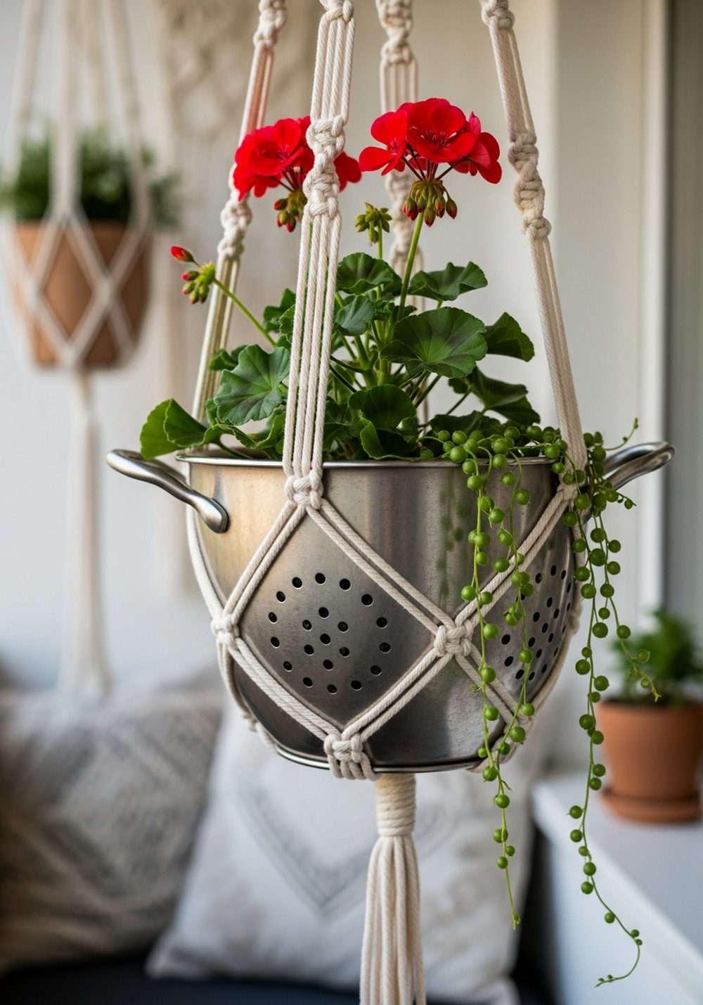 Boho Macramé Colander Flower Sphere