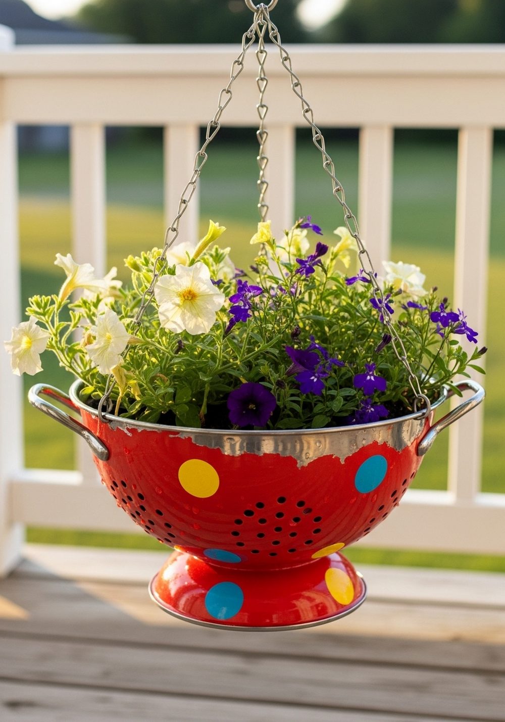 Brightly Painted Colander Flower Cascade