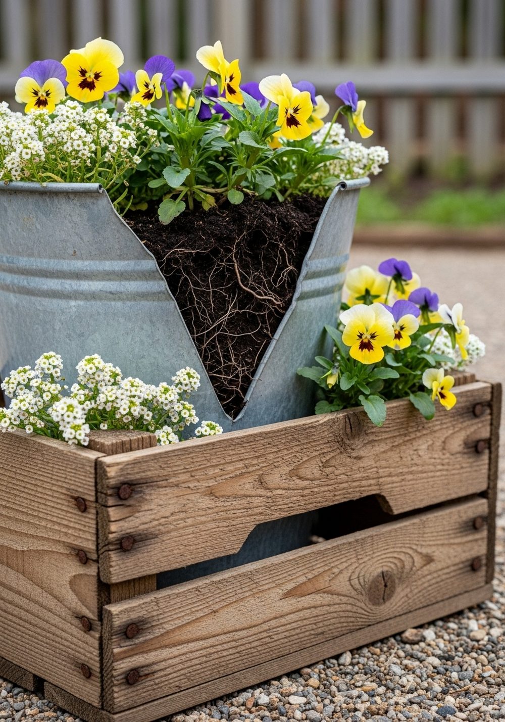 Broken Bucket In Wooden Crate Flower Box