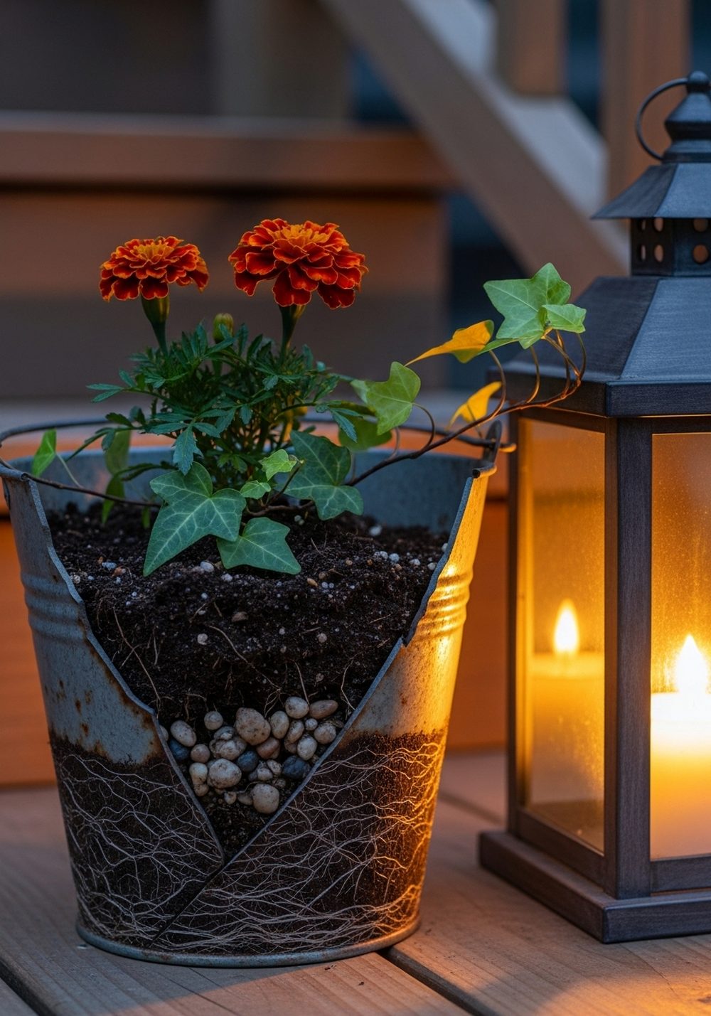 Broken Bucket Lantern And Flower Pot Duo