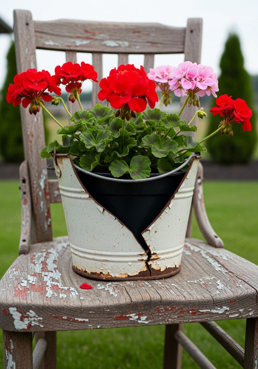 Broken Bucket Planter On An Old Chair