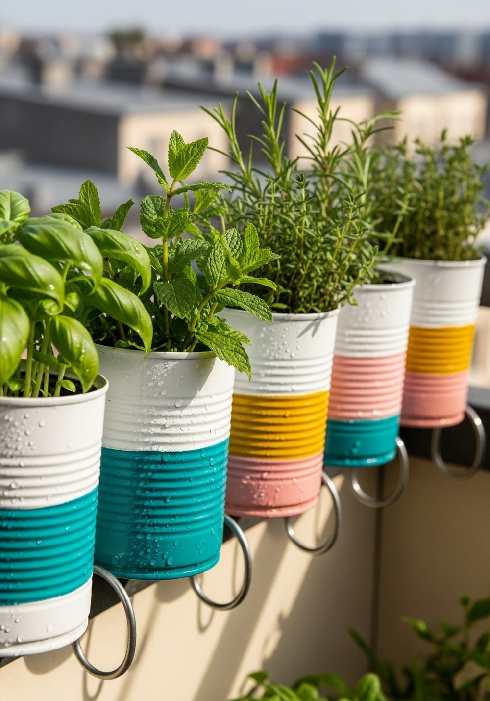 Color-Blocked Herb Tin Can Rail Planters