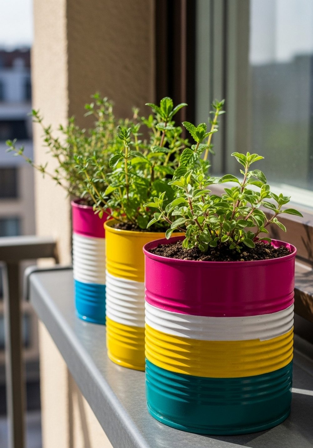 Color-Blocked Tin Can Herb Trio For Small Balconies