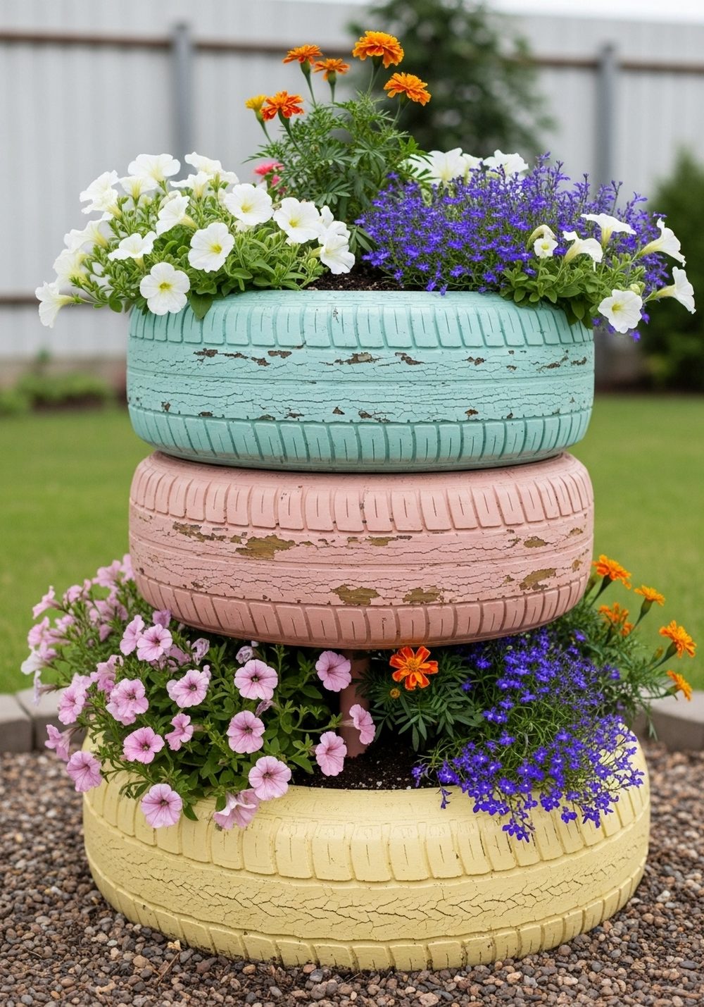 Colorful Stacked Tire Flower Towers
