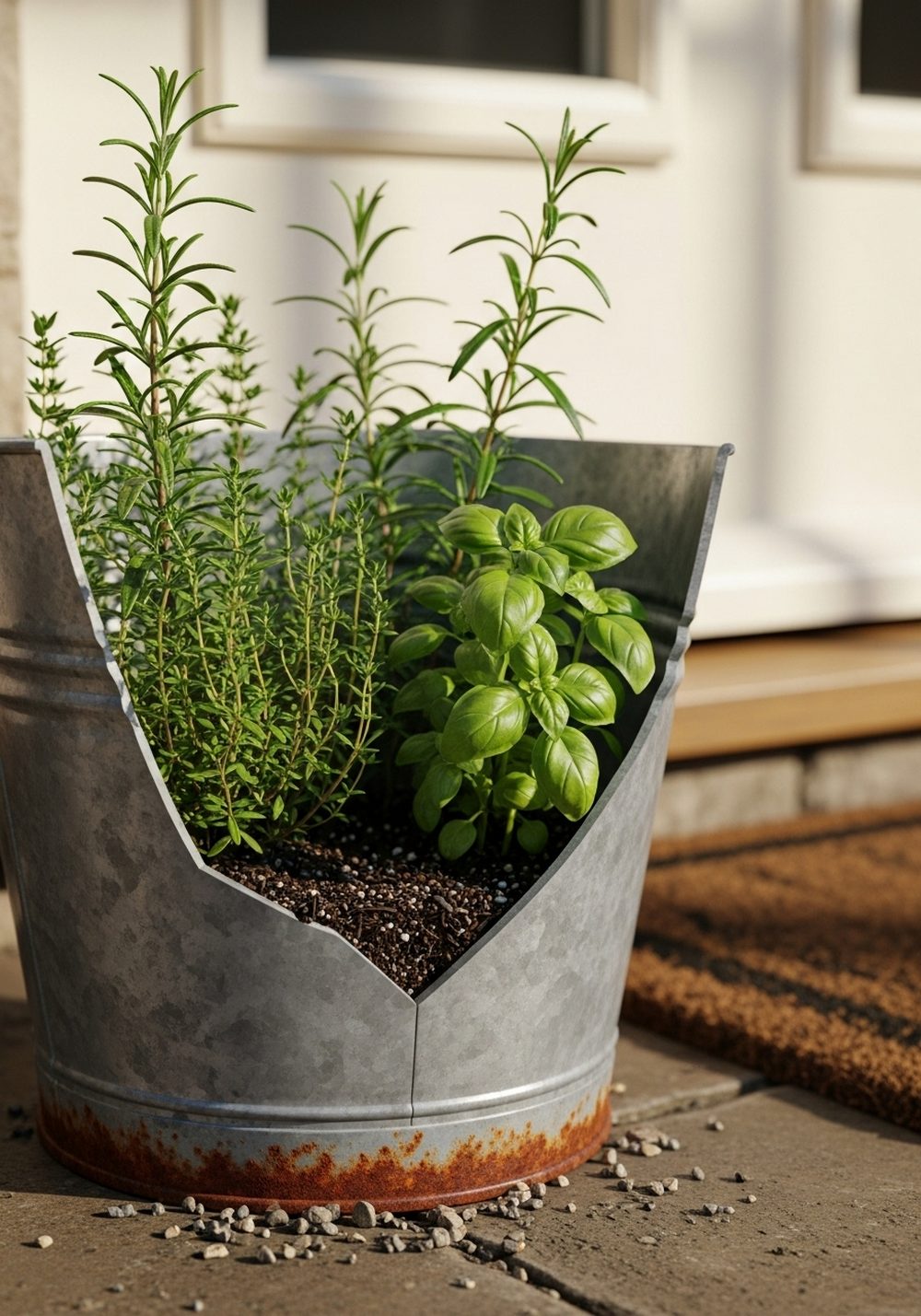 Cracked Bucket Herb Patch By The Door