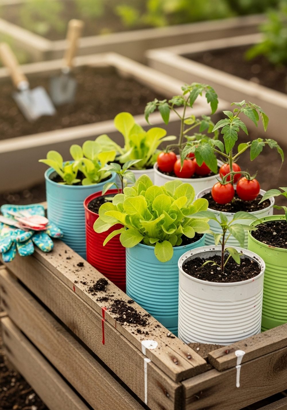 Crate Of Colorful Veggie Tin Cans