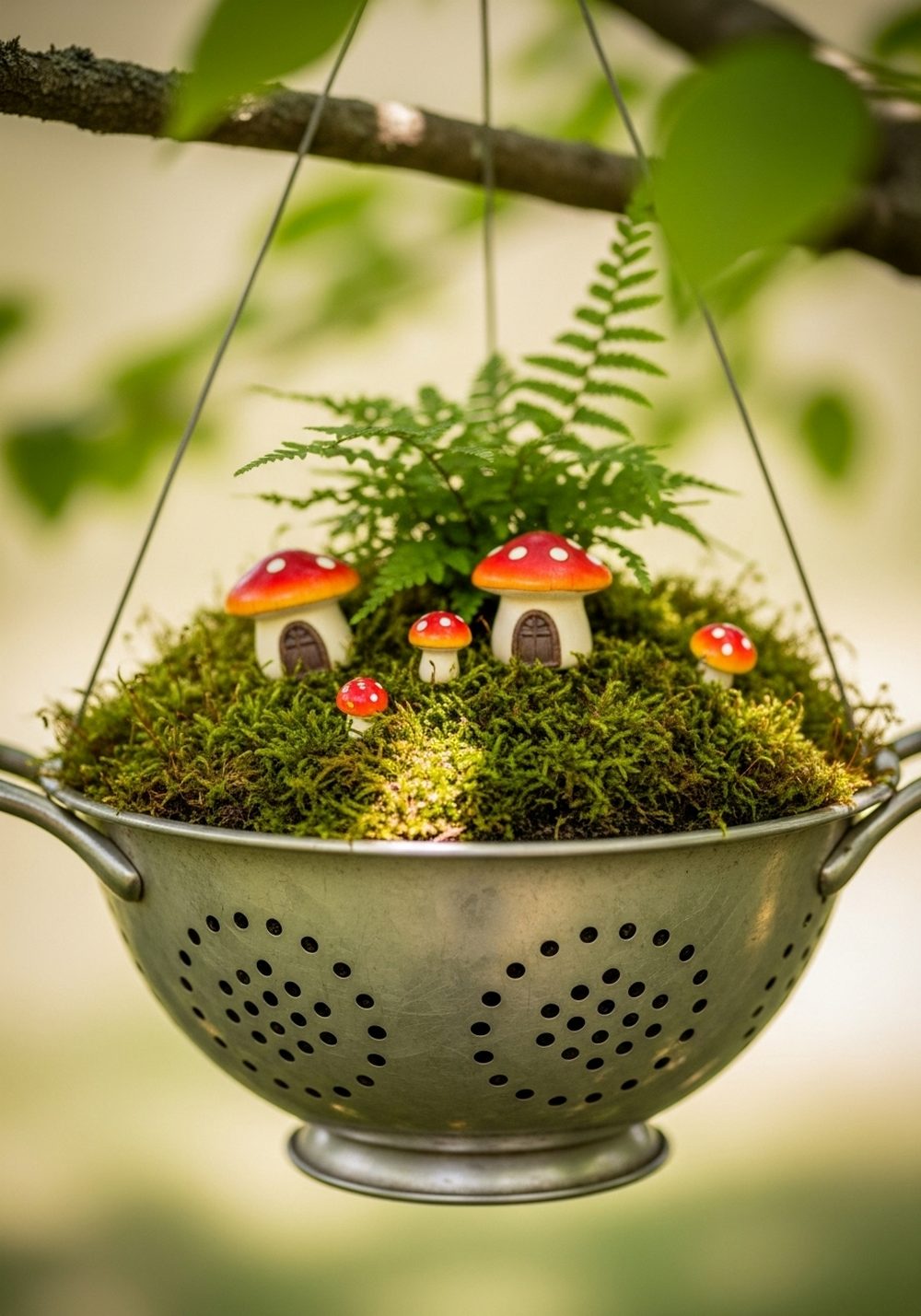 Fairy Garden Colander Hanging Scene
