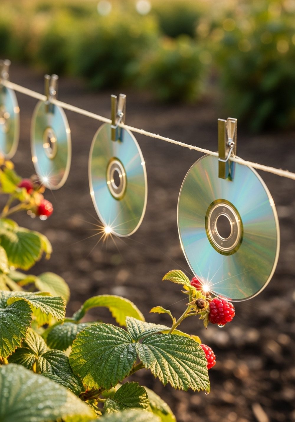 Floating CD Bird-Deterrent Line Above Berry Bushes