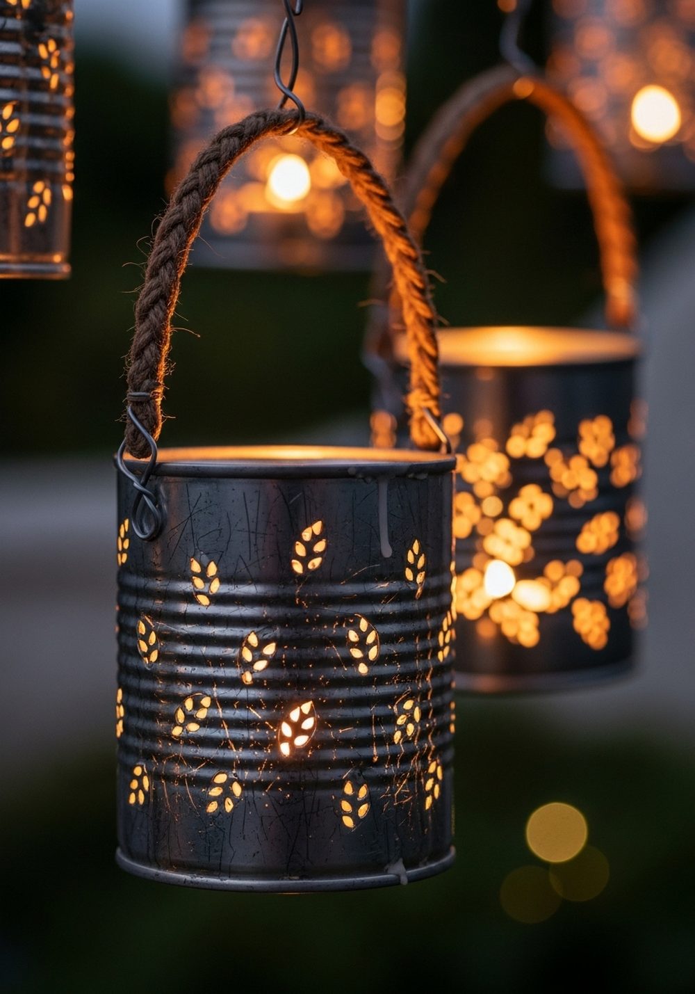 Hanging Tin Can Lanterns With Punched Patterns