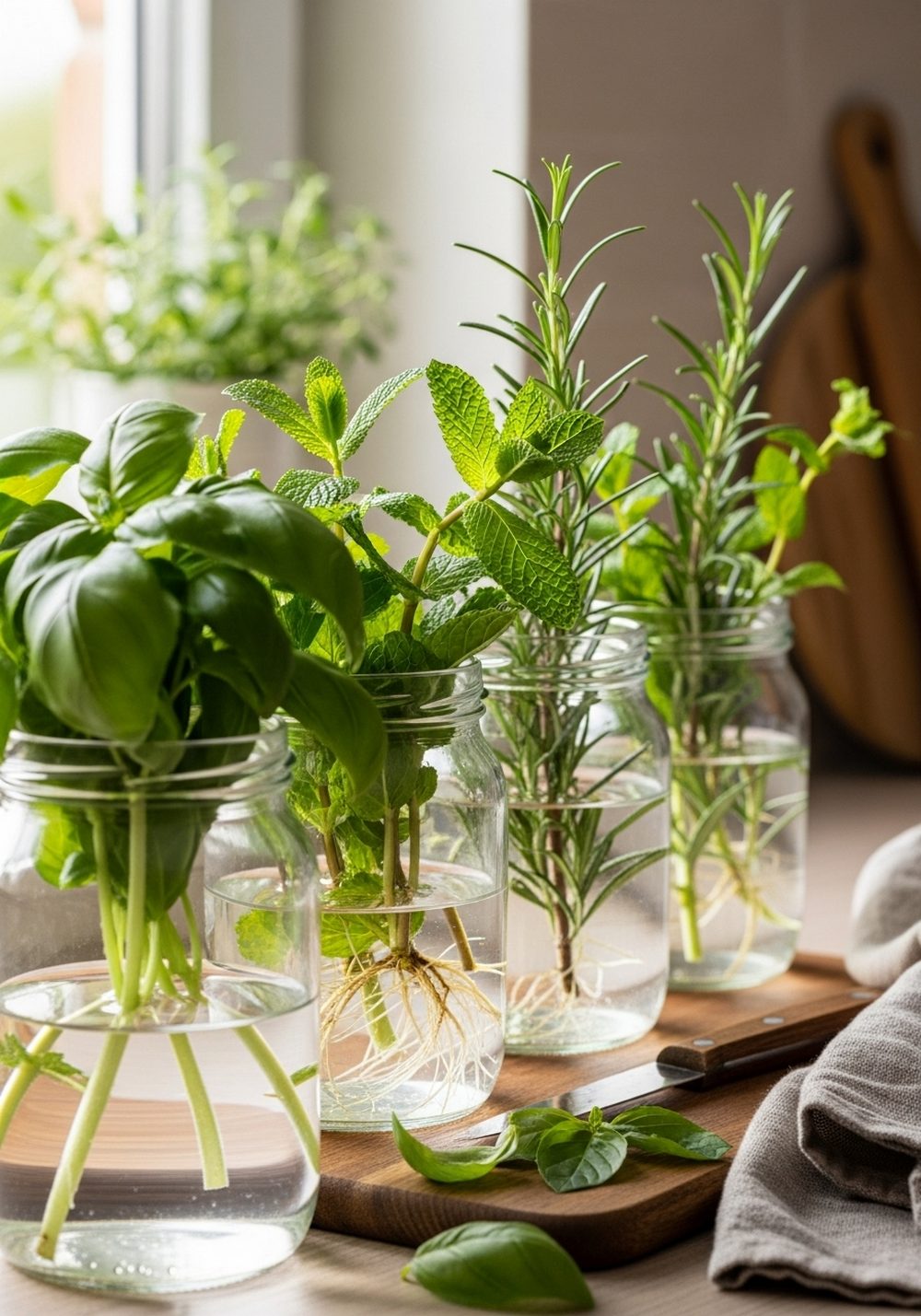 Kitchen Herb Cuttings In Pantry Jars
