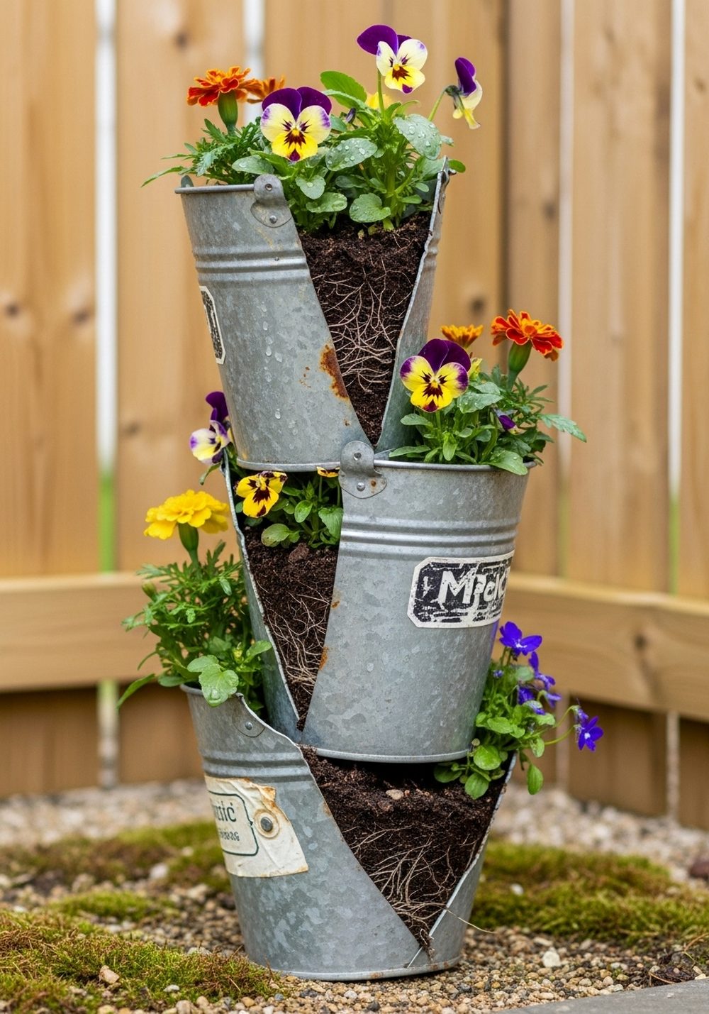 Layered Broken Bucket Tower Planter