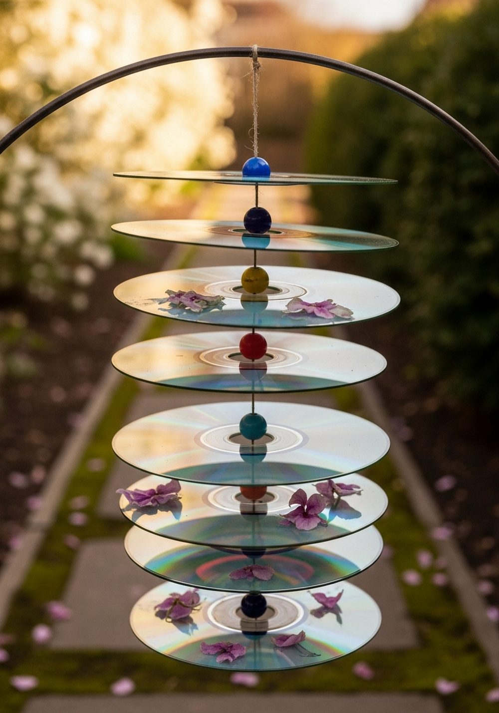 Layered CD Wind Spinners Over A Garden Path