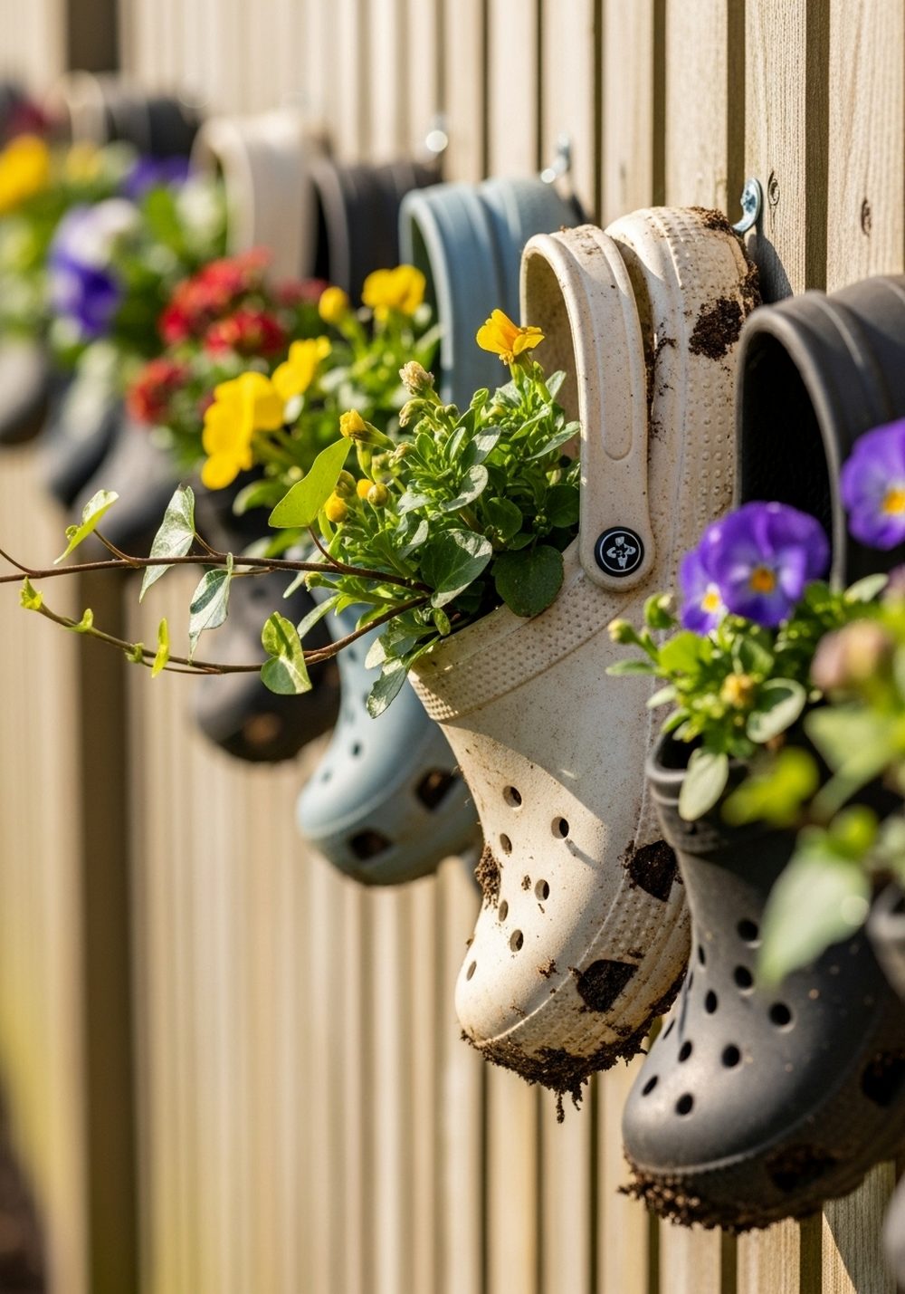 Line The Fence With Mismatched Garden Clogs