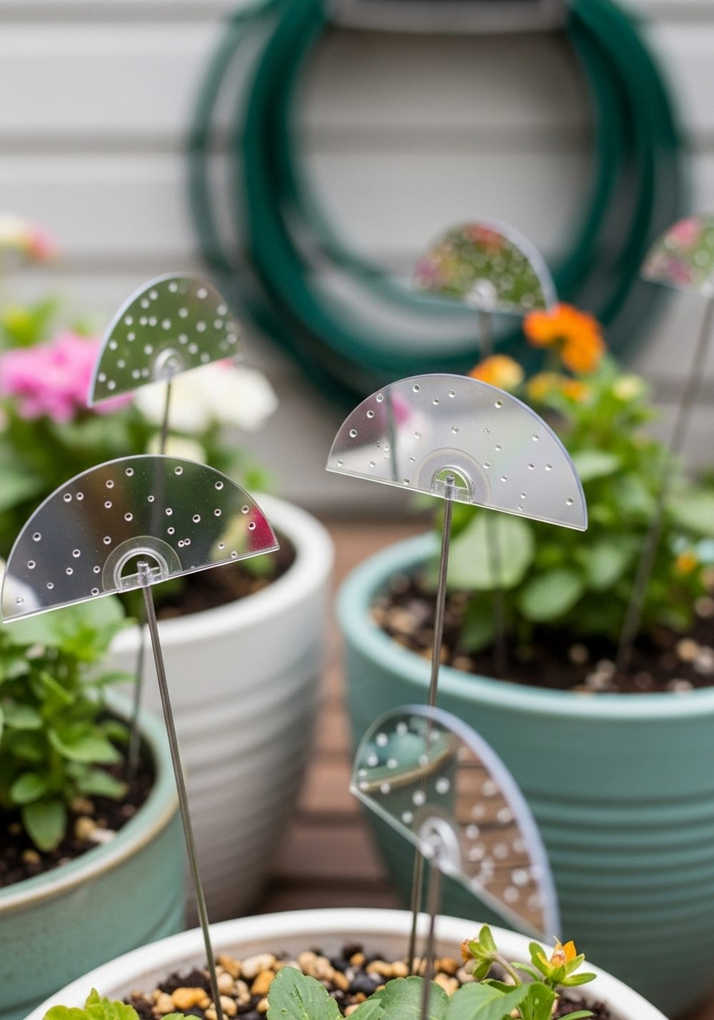 Mini CD Spinners In Potted Patio Corners