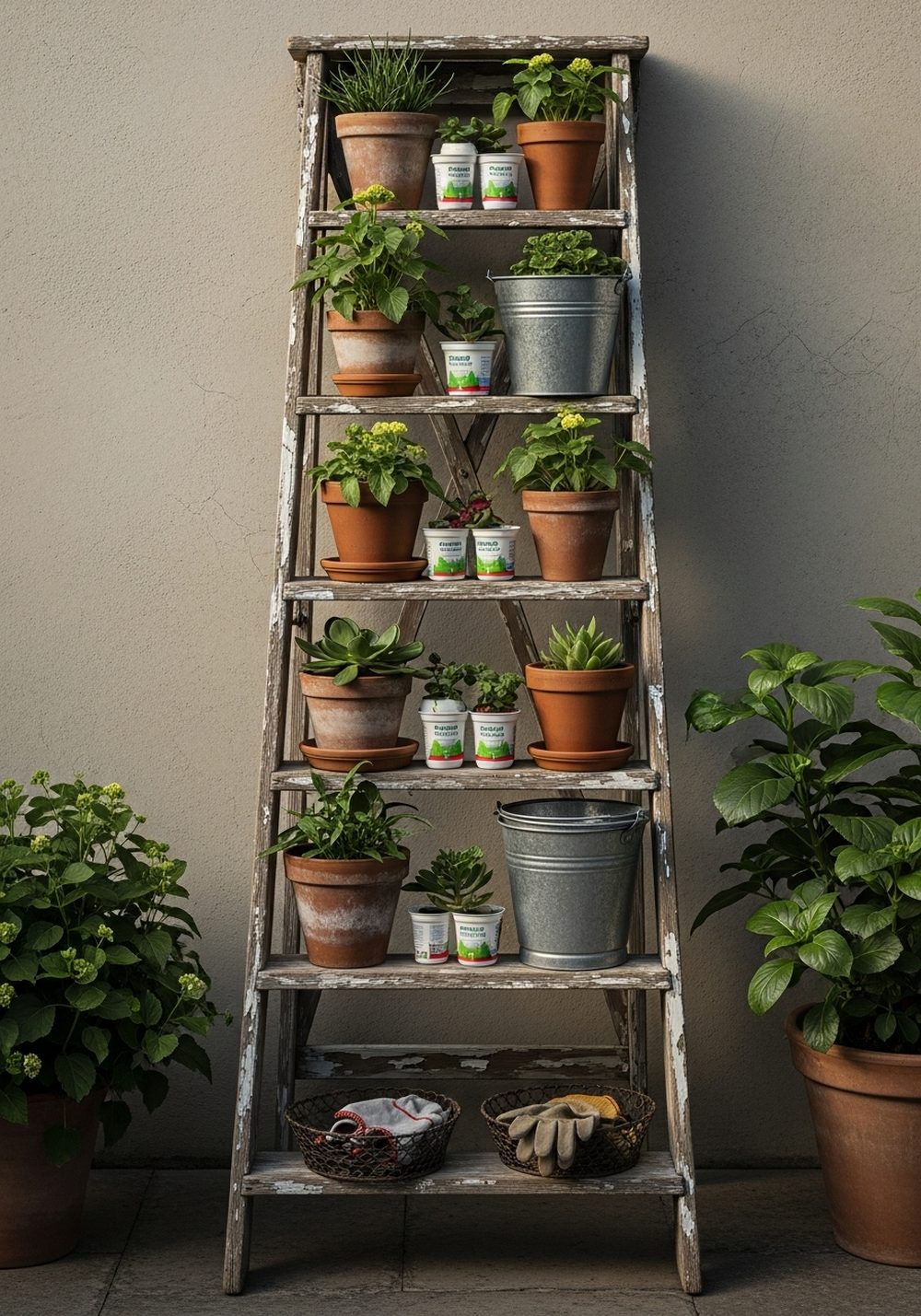 Old Ladder Plant Stand With Terracotta Mix