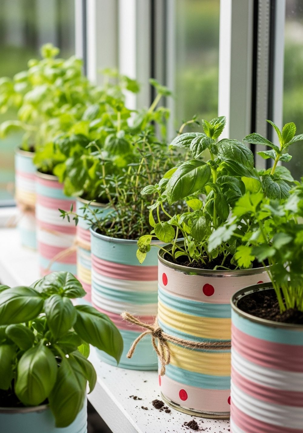 Painted Tin Can Herb Pots On The Windowsill