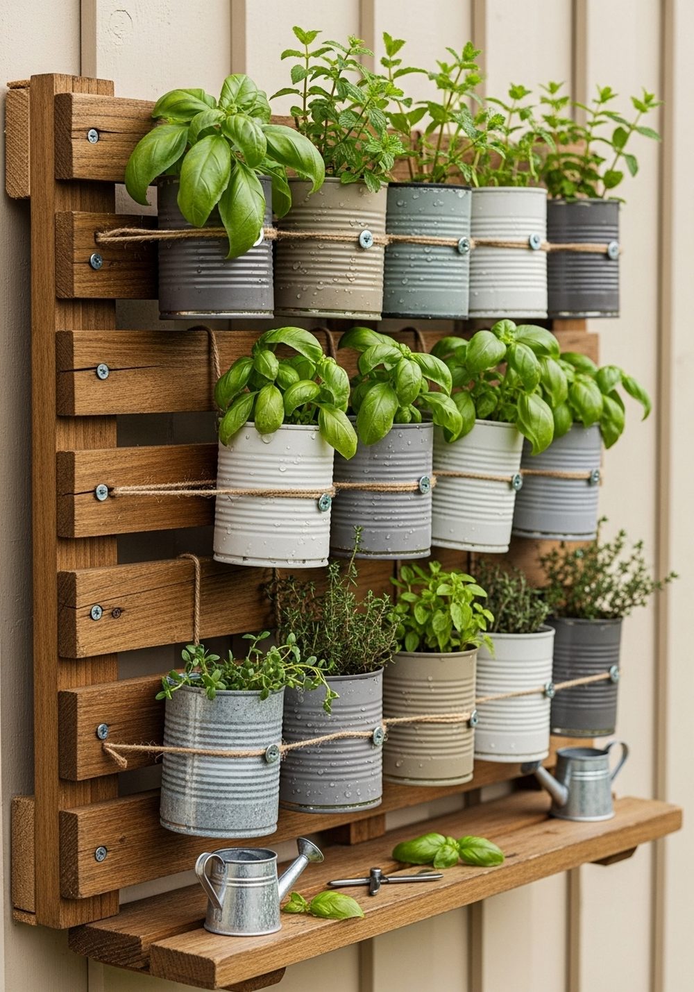 Pallet Herb Wall With Tin Can Pots