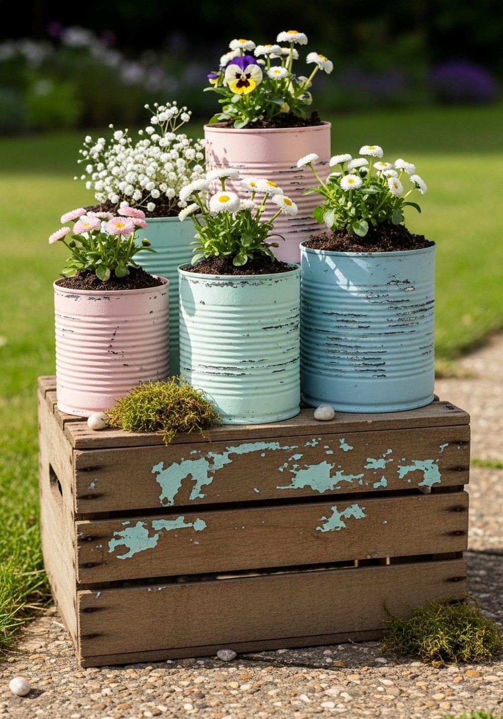 Pastel Distressed Tin Cans On A Rustic Crate