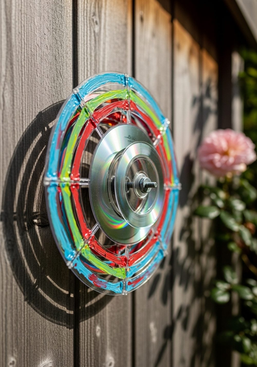 Radiant CD Mandala Spinner On A Shed Wall