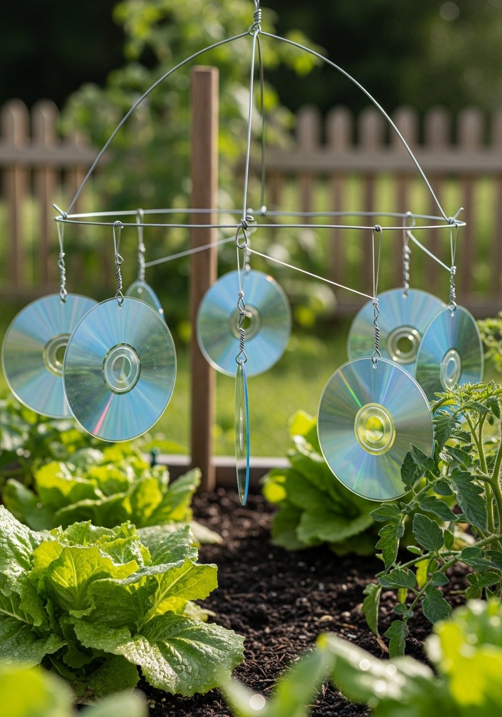 Rainbow CD Bird-Deterrent Mobile Over Veggie Beds