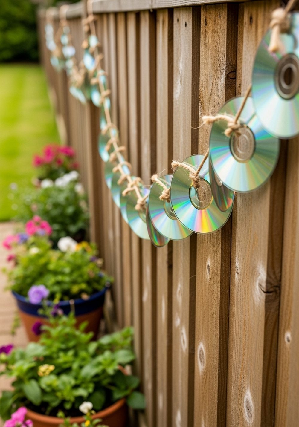 Rainbow CD Garland Along The Fence
