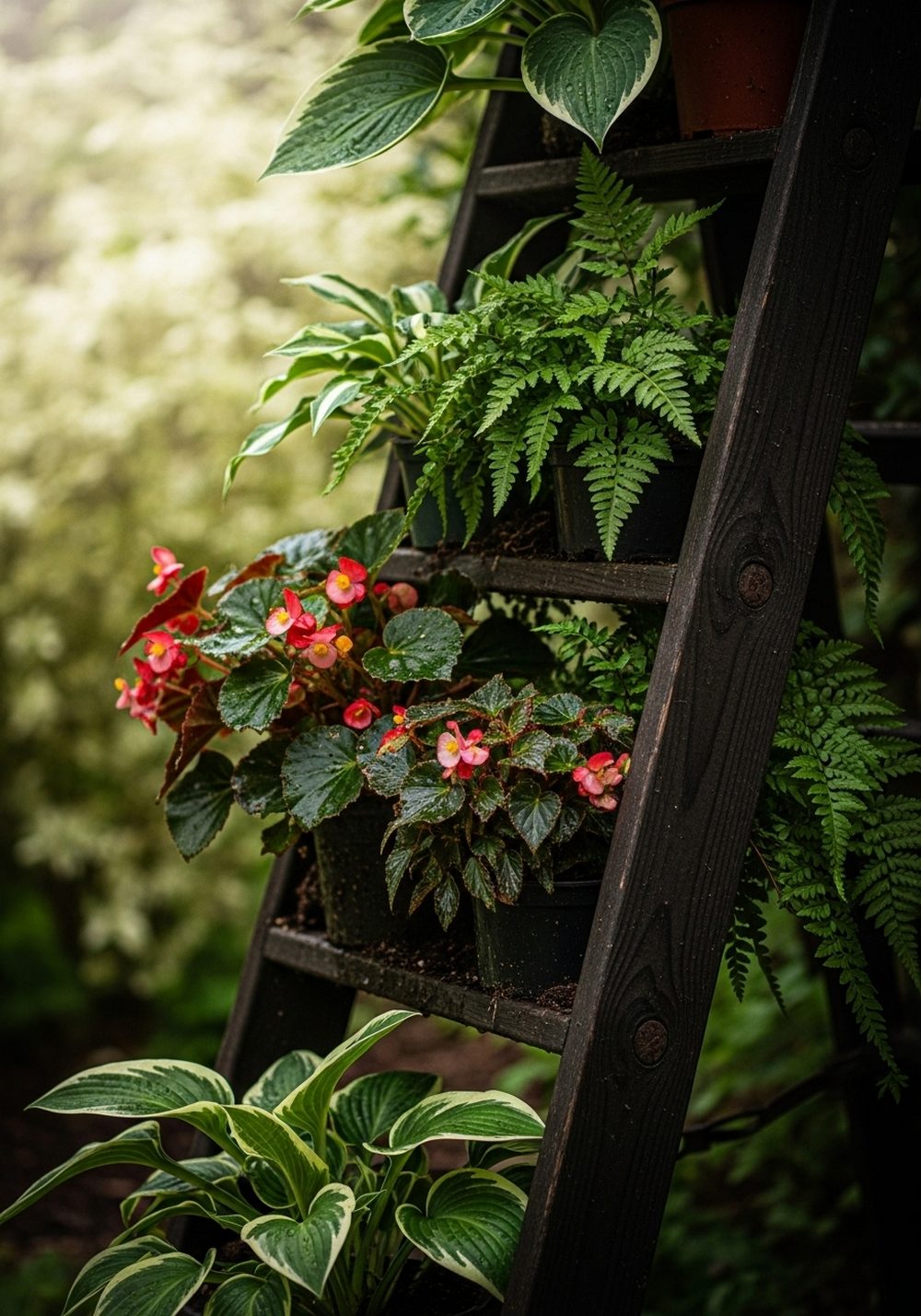 Reclaimed Ladder Plant Stand For Shady Corners