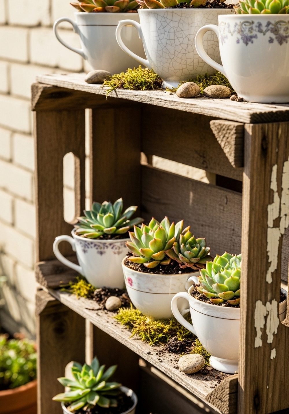 Rustic Crate Teacup Succulent Display