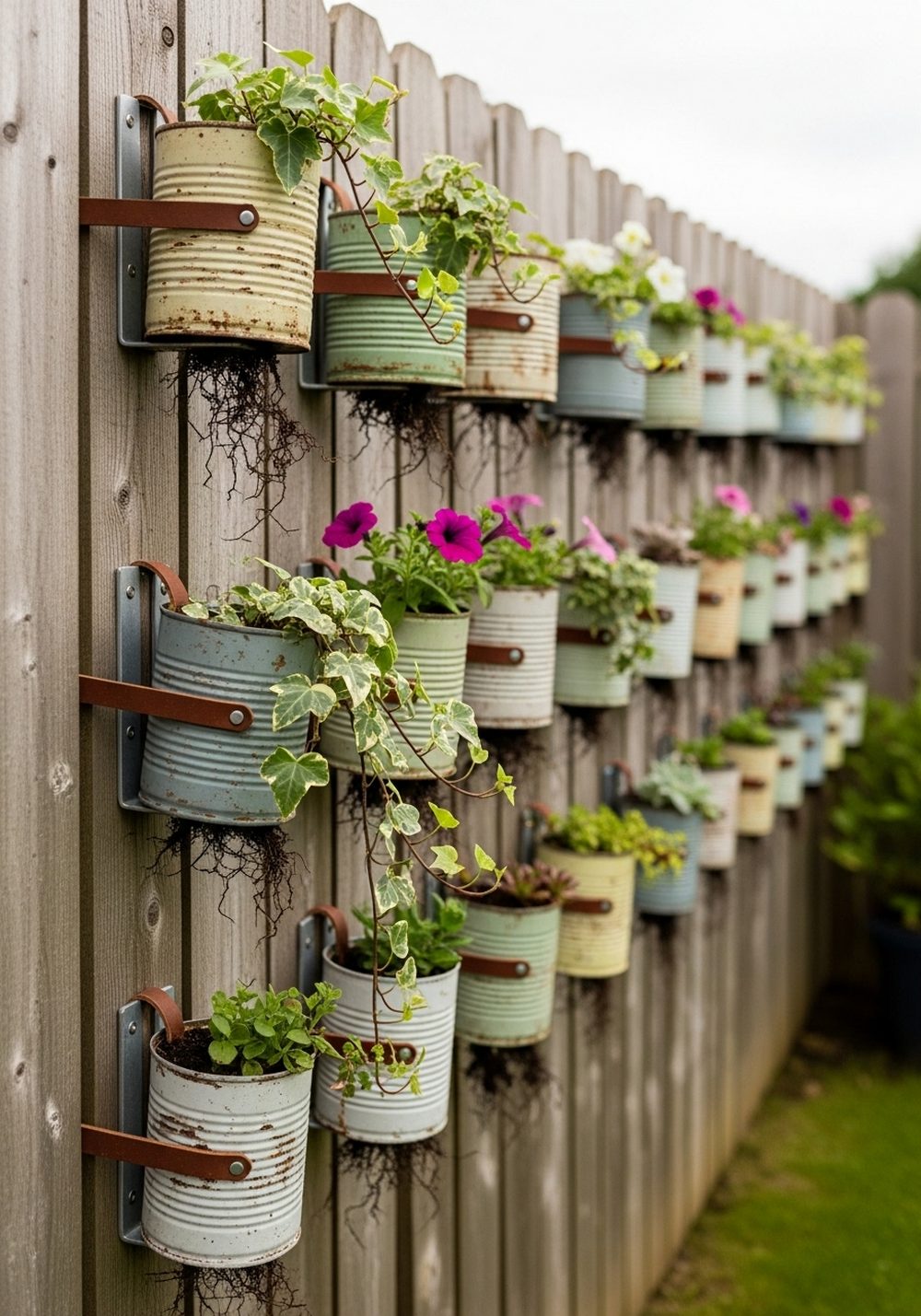 Rustic Tin Can Vertical Garden On A Fence