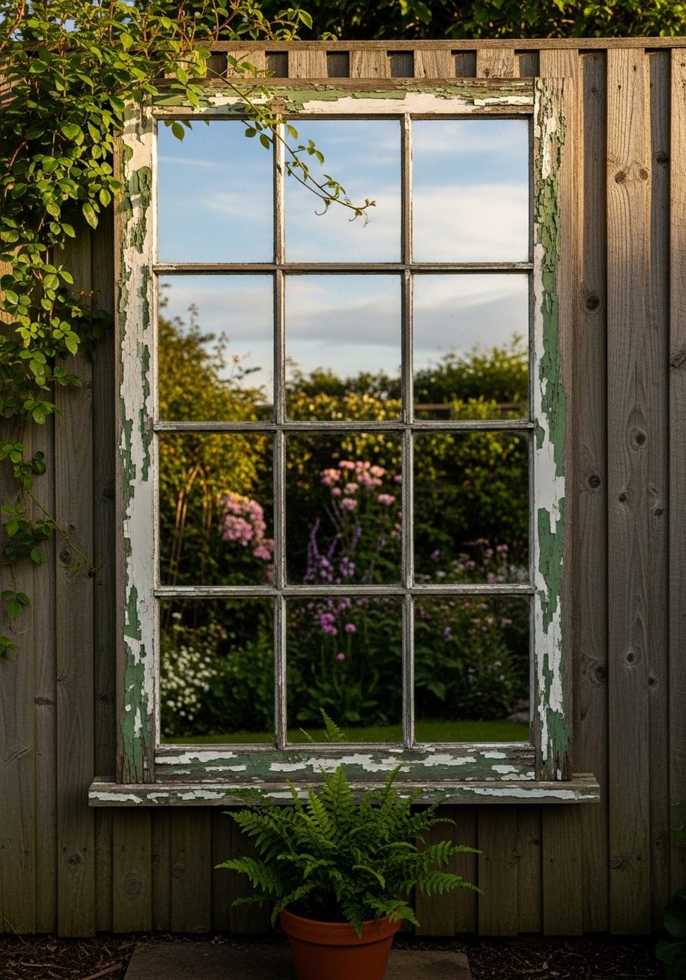 Salvaged Window Frame Garden Mirror Illusion