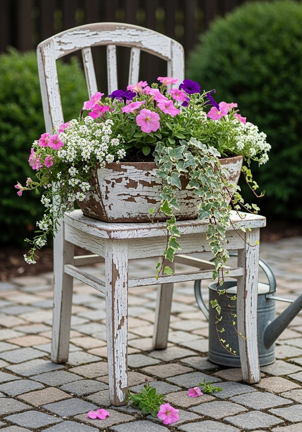 Shabby Chic White Chair Overflowing With Petunias