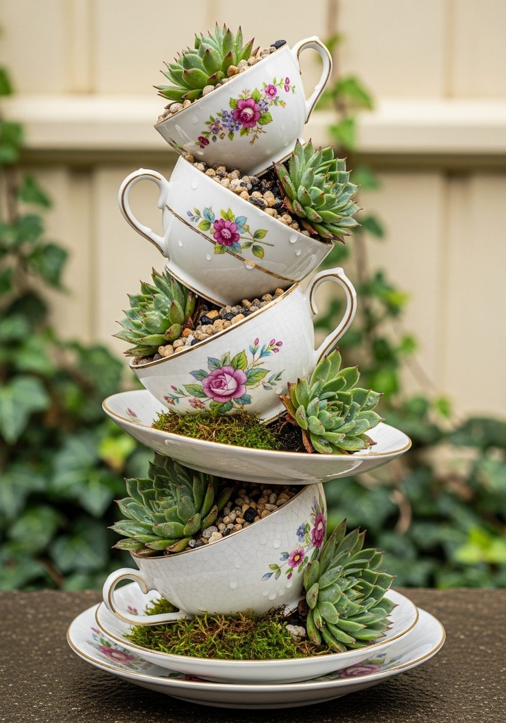 Stacked Teacup Succulent Tower