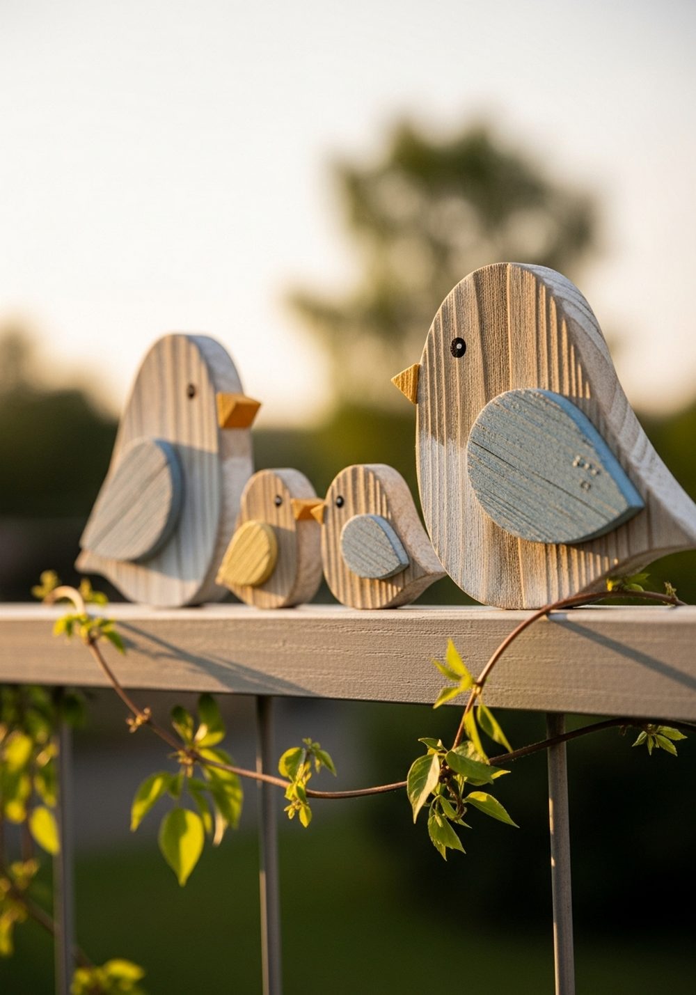 Storybook Pallet Bird Family On A Fence Rail