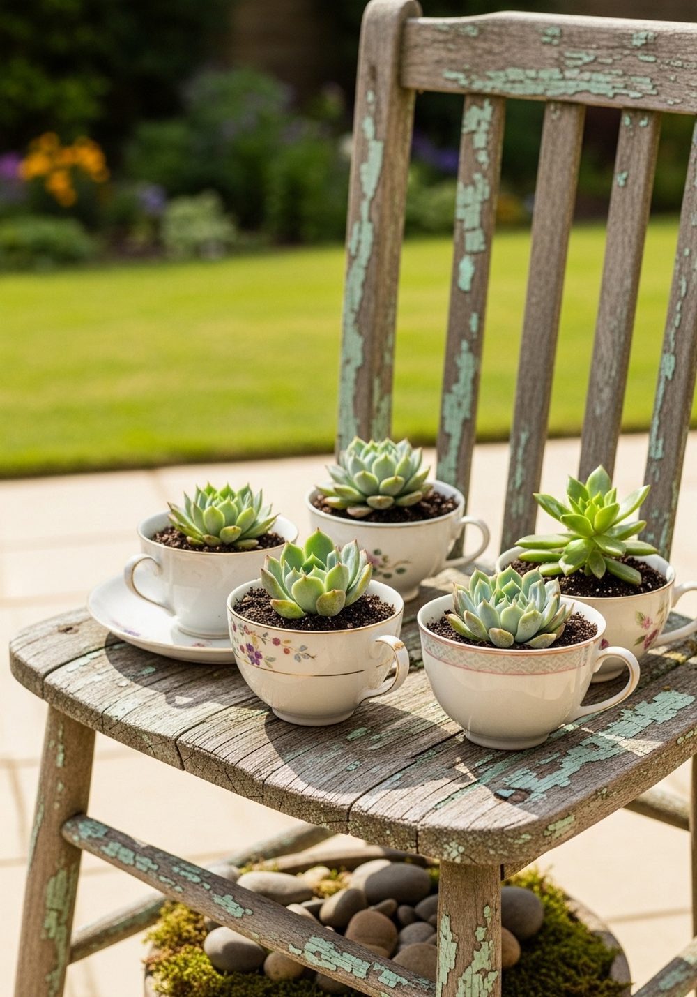 Teacup Succulents On An Old Chair