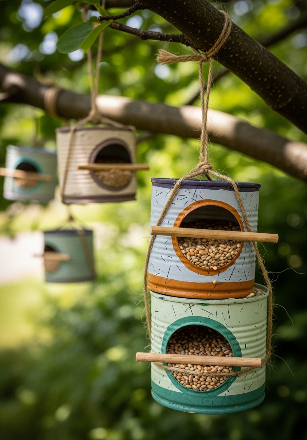 Tin Can Bird Feeders On A Branch