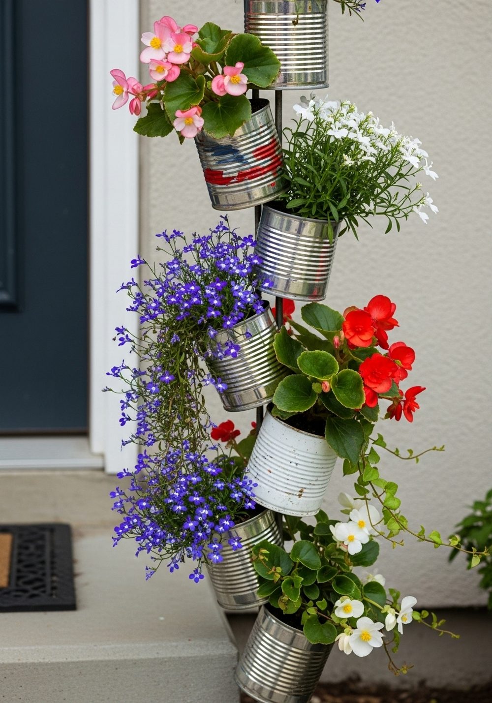 Tin Can Flower Towers By The Front Door