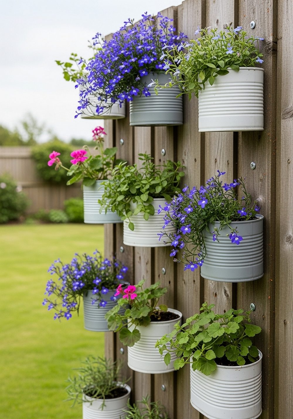 Tin Can Vertical Fence Garden