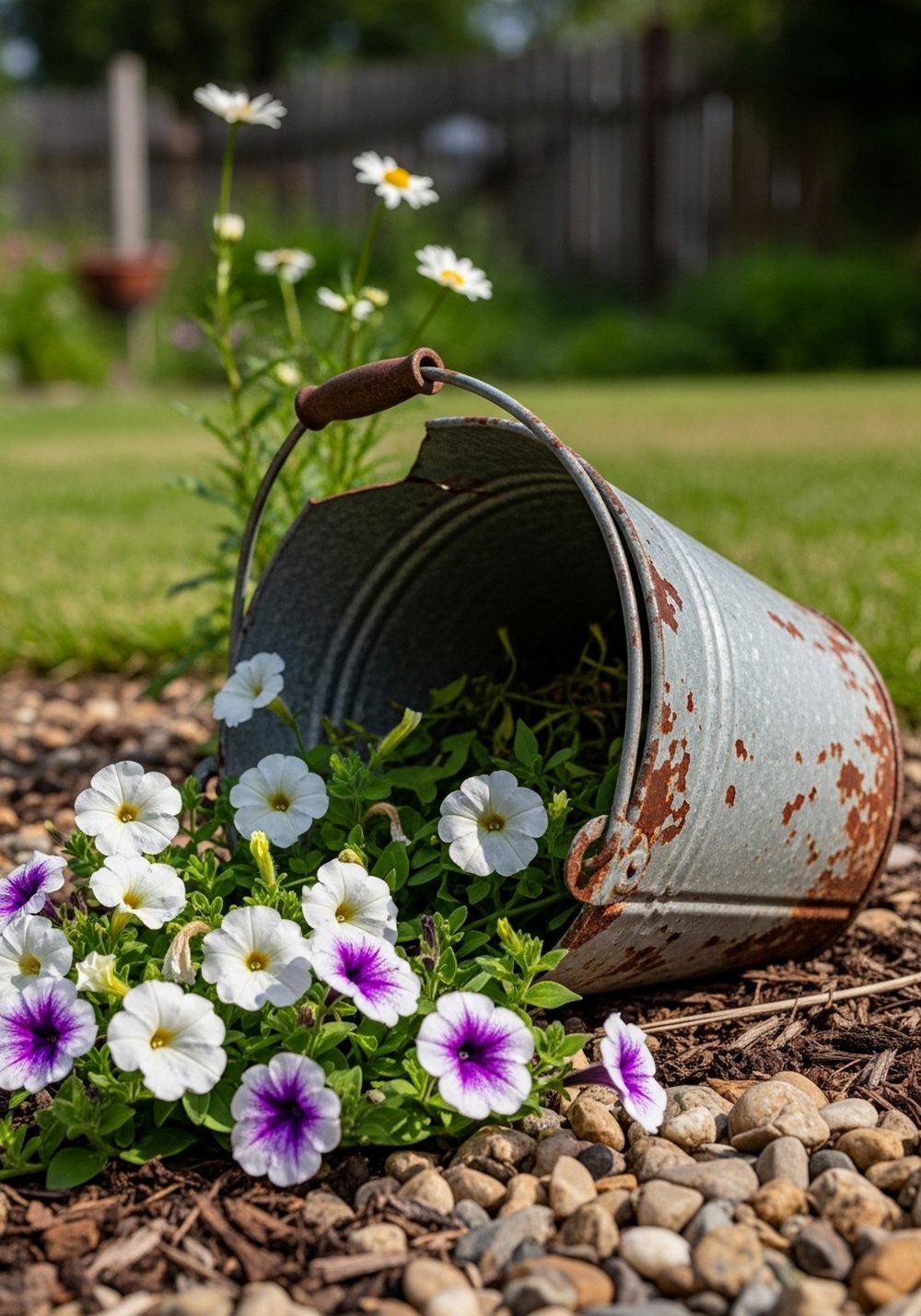 Tipped Broken Bucket “Spilled Flowers” Display