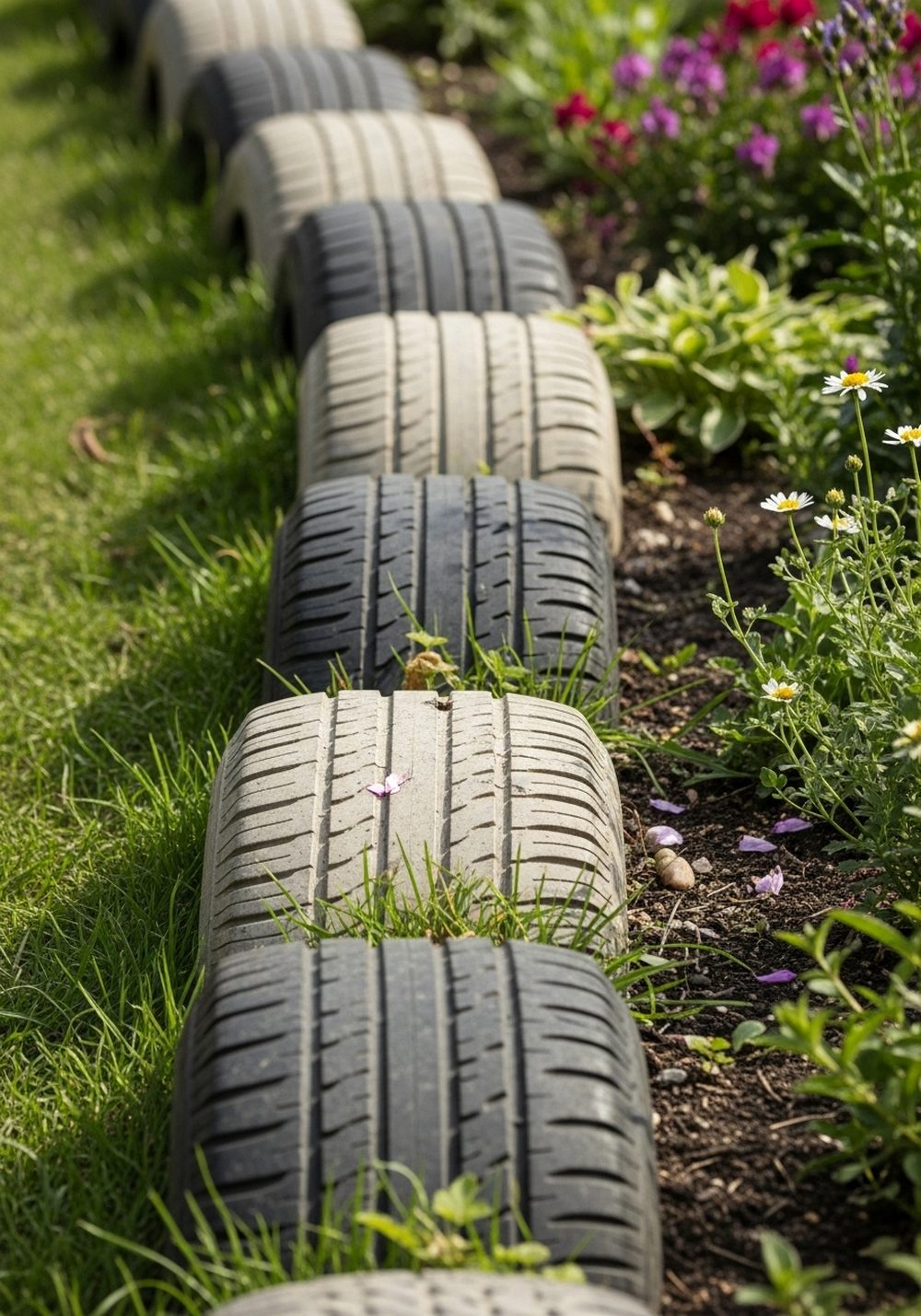 Use Half Tires As Rustic Garden Borders