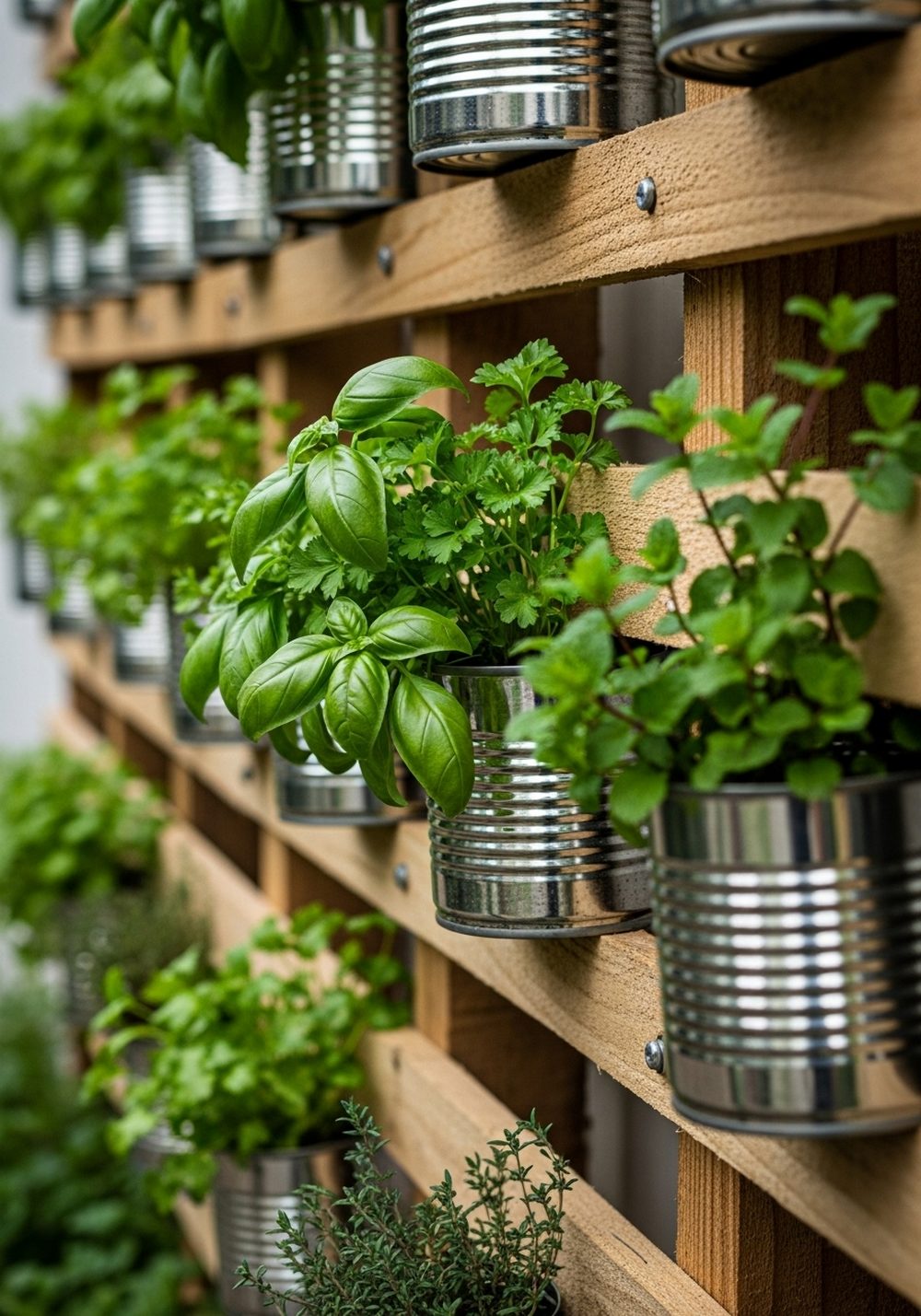 Vertical Tin Can Herb Pallet Wall