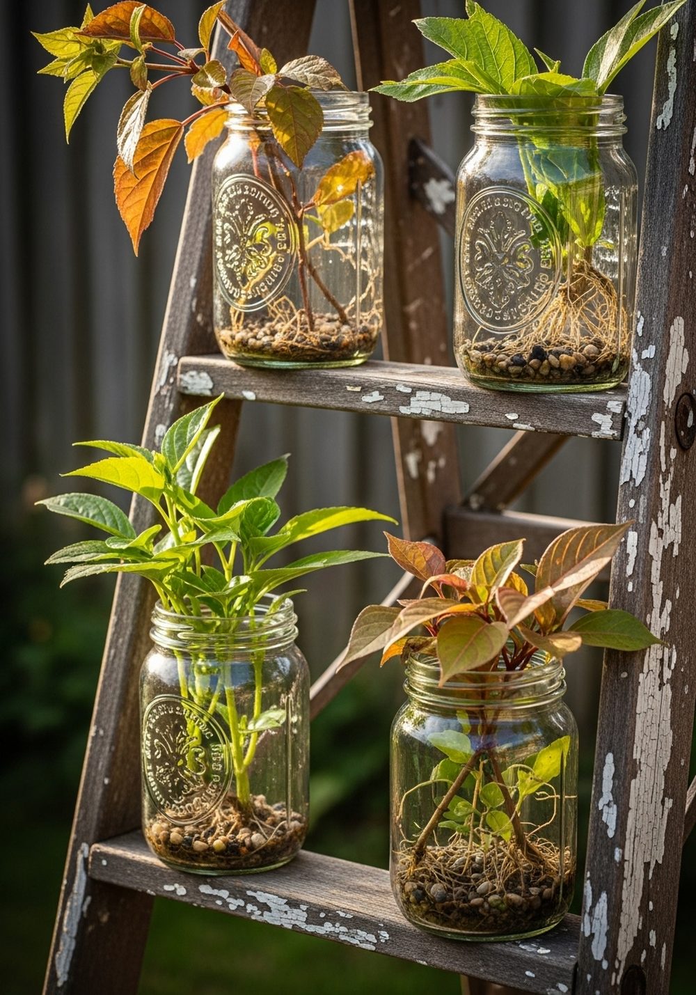 Vintage Jar Ladder Shelf Garden