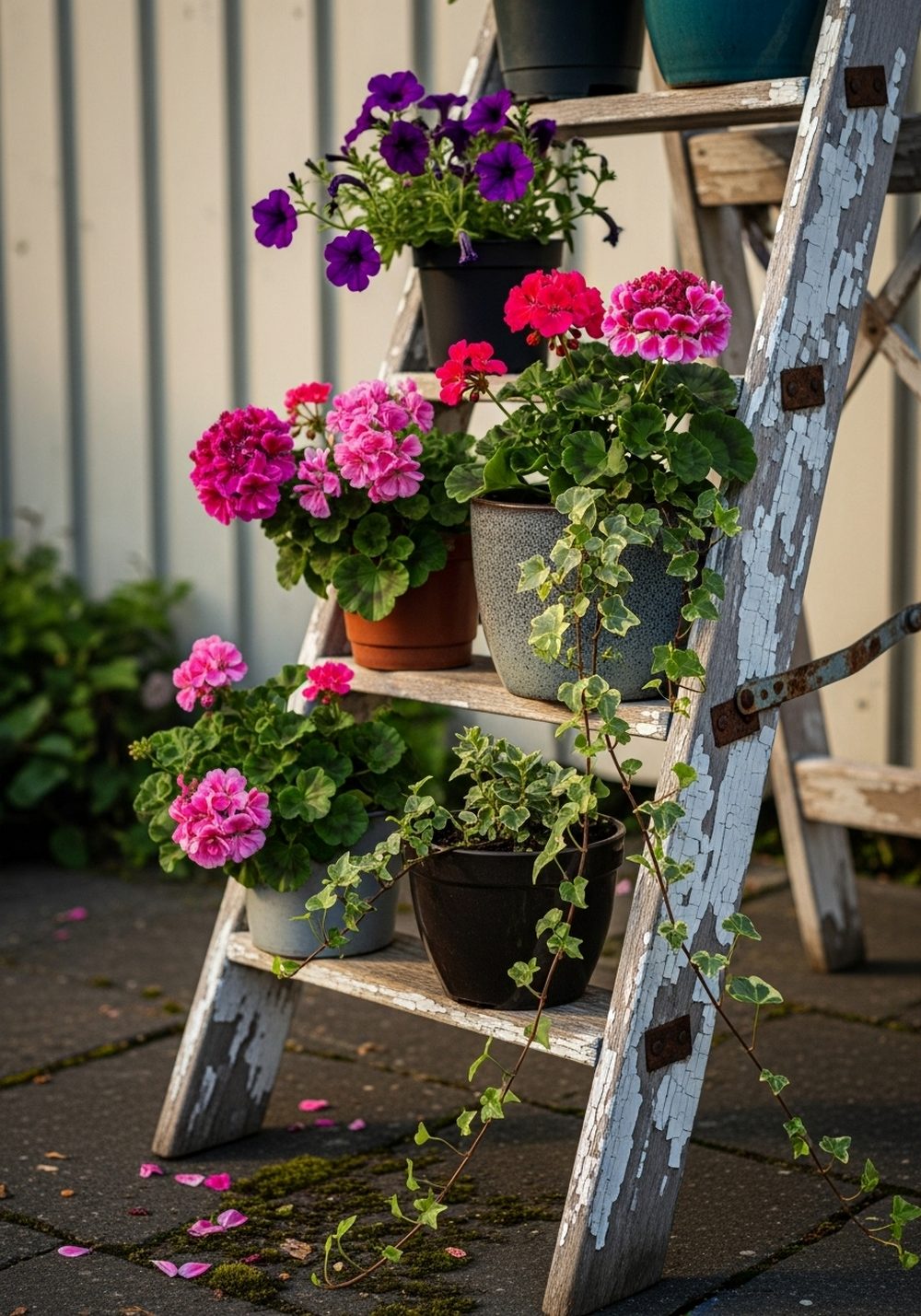 Weathered Step Ladder Flower Wall