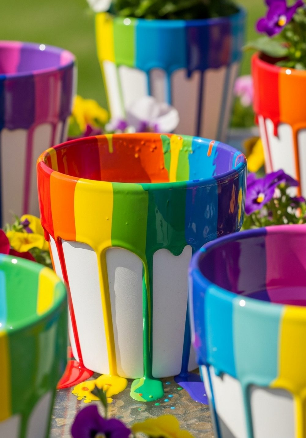 Whimsical Drip-Paint Rainbow Pots