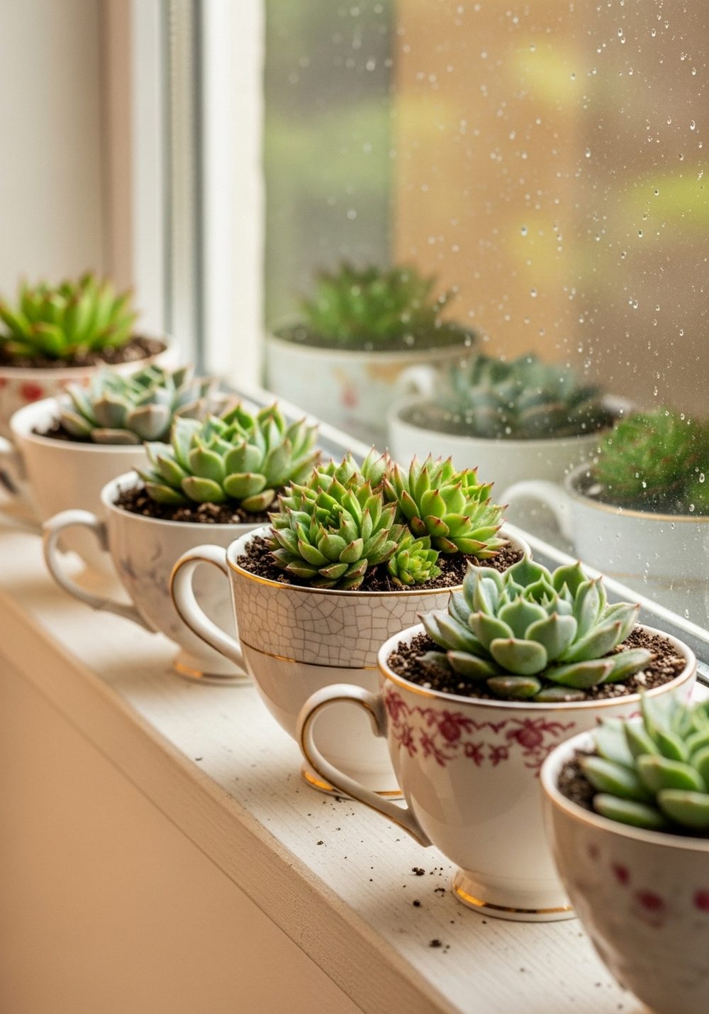 Window Sill Teacup Succulent Parade