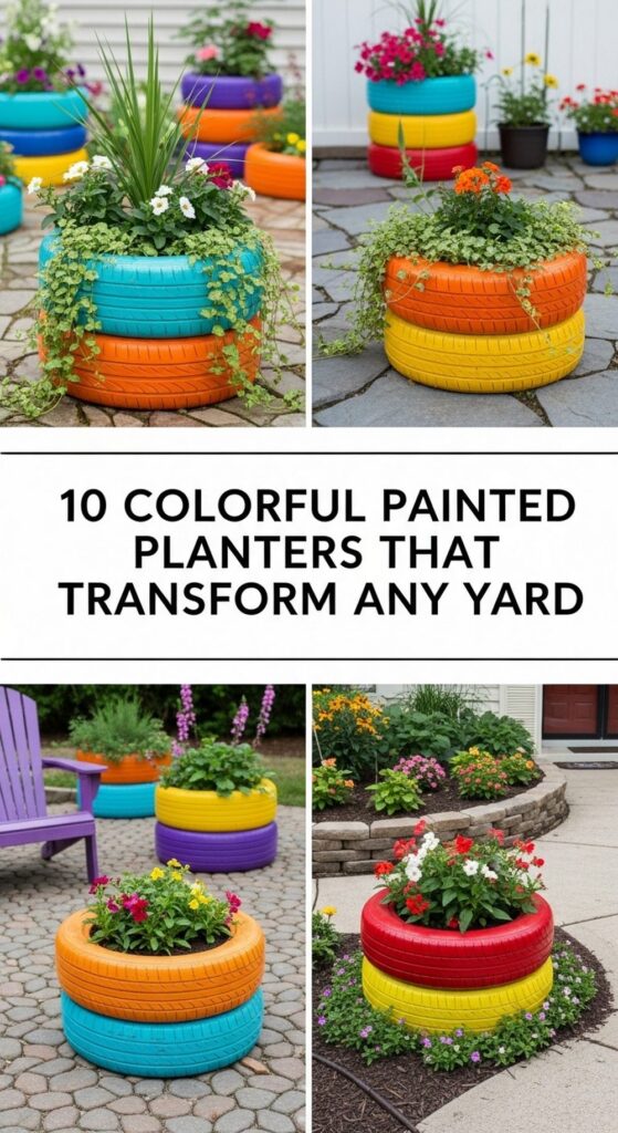 Colorful Painted Tire Planters That Transform Any Yard