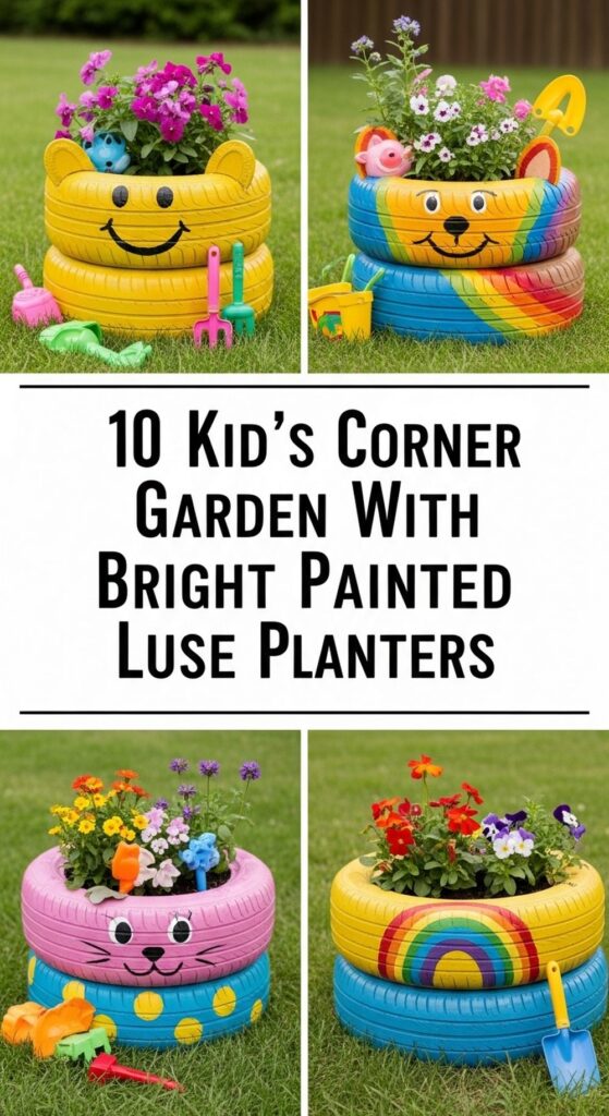 Kid’s Corner Garden With Bright Painted Tire Planters