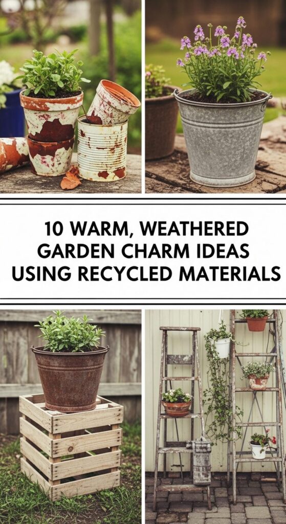 Warm, Weathered Garden Charm Ideas Using Recycled Materials