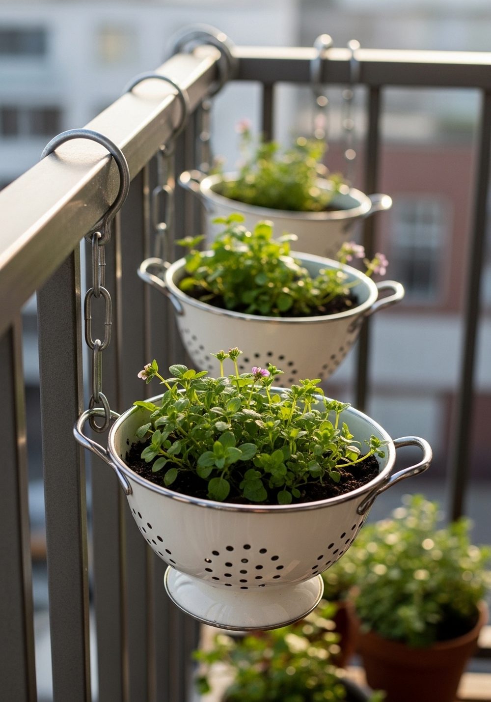 Balcony Rail Colander Planter Trio