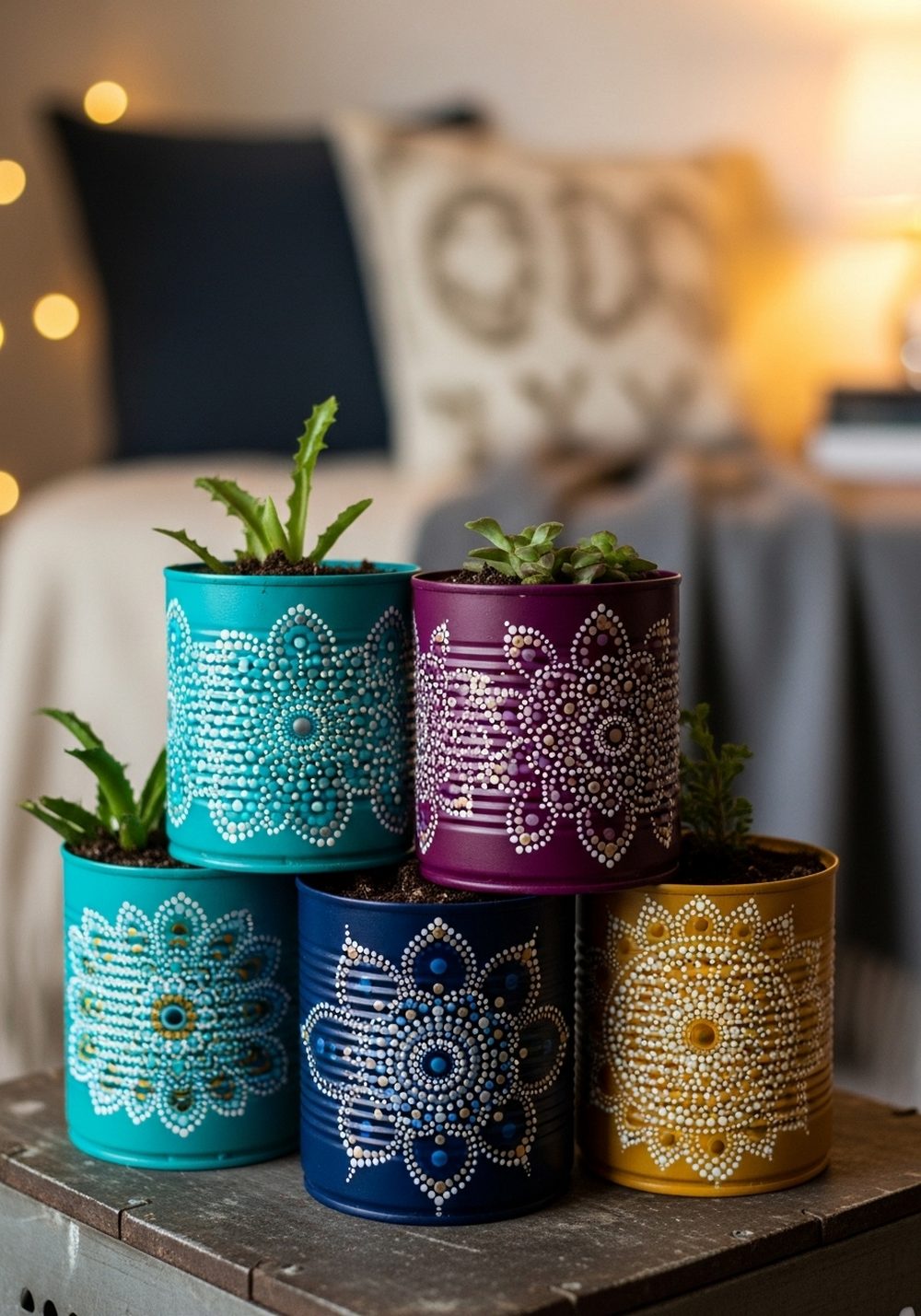 Boho Dot-And-Mandala Tin Can Cluster For Cozy Nooks
