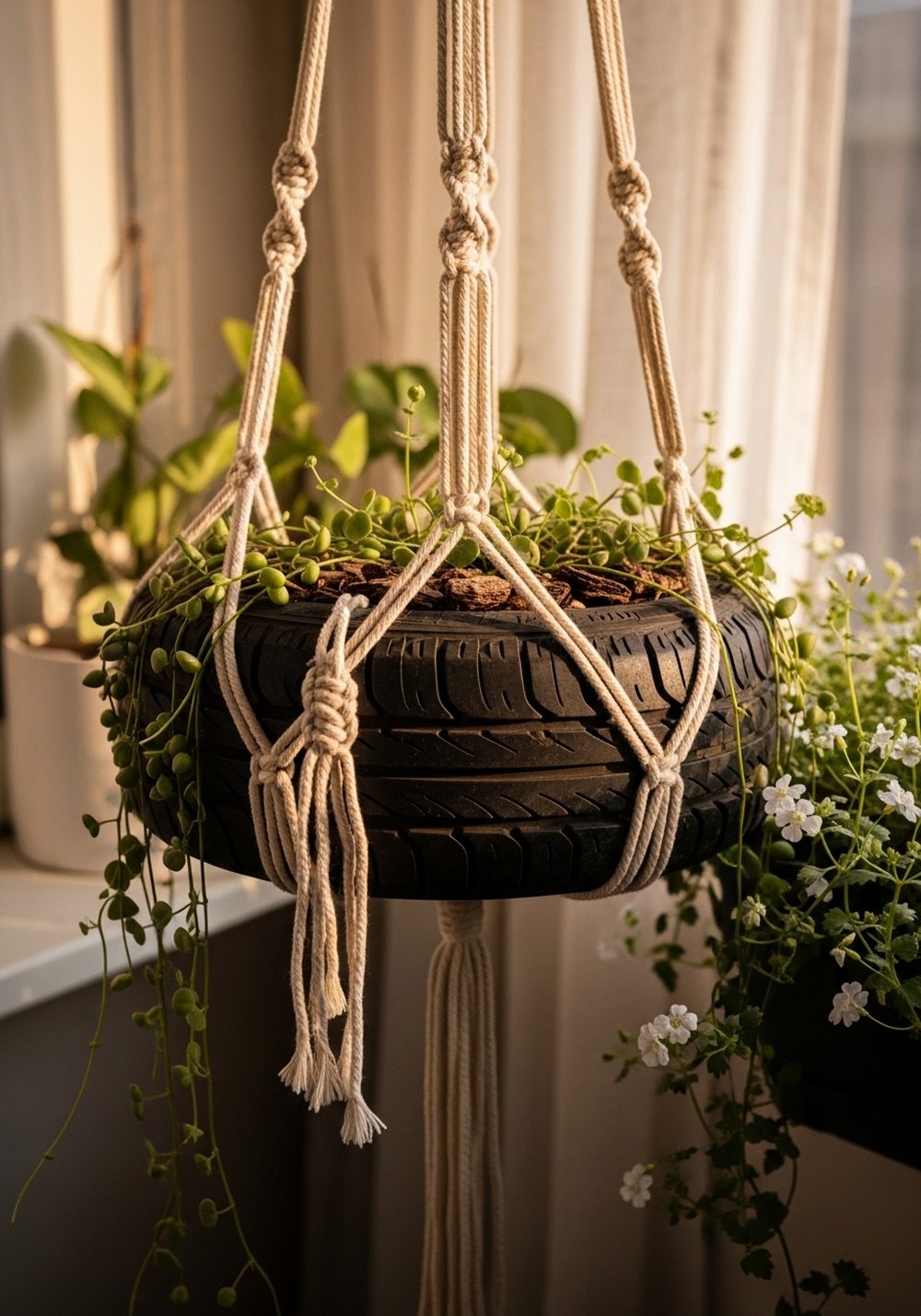 Boho Macramé-Slung Tire Planter